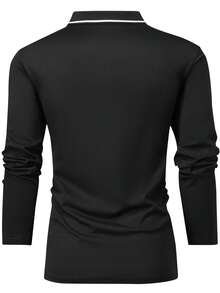 男士常规版型长袖 T 恤 Polo 衫，春秋休闲运动轻便上衣，适合跑步、高尔夫、钓鱼、篮球、露营、健身、游泳、海滩等户外活动 - 送给丈夫、男朋友的绝佳礼物 - 黑色 - 查看 3