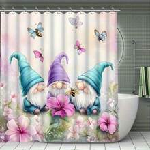 1/3/4 Pcs Hello Spring Gnomes & Pink Bees Printed Shower Curtain Set, Modern Design Suitable For All Seasons, Waterproof Polyester With Hooks And Liner, Soft Surface Bathroom Mat Set Includes Bath Mat, Toilet Mat, U-Shaped Mat And Bathroom Accessories With 12 Hooks, For Bathroom Decor And Home Decoration, A Delicate Holiday Gift Back To School