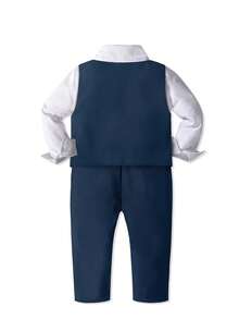 4 件套年轻男孩春季新款正装,白衬衫,纯色背心,领结,裤子,修身款,适合派对、婚礼、学校、男孩正装 - 藏蓝色 - 查看 4