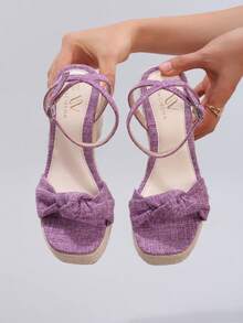 麻绳坡跟厚底人字拖凉鞋，扭纹露趾高跟防水休闲夏季假日时尚女鞋 - 紫色 - 查看 6