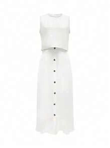 Women's Solid Color Sleeveless Top + Casual Loose Front Button Decoration Skirt 2 Pieces Set, Summer Outfit