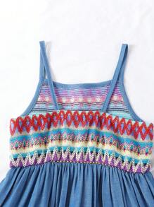 Summer Girls Casual Simple Fashion, Colorblock Geometric Pattern Denim Effect Strap Dress, Suitable For Play And Vacation