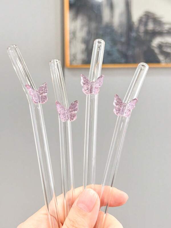 1/2/4/6Pcs Cartoon Pink Bowknot Reusable Glass Straw,For Smoothie, Milk,Tea,Juice,Snack Bar,Party Drinks,Cocktails,Milkshake Smoothie,Restaurant.