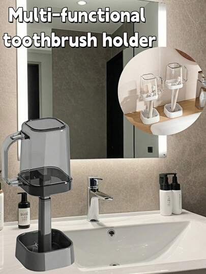 1 Stück Weiß / 1 Stück Schwarz Japanischer Stil Mundspülbecher Zahnbürstenhalter, Zuhause verwendeter abgedeckter staubgeschützter ablaufender Zahnbürstenbecher, Studentenzahnbürstenständer, umgekehrte Becherform staubgeschützt und wasserfest, Bodenablauflochdesign für Belüftung und Drainage, einstellbare Stützstangendesign für Höhenanpassung für alle Zahnbürsten