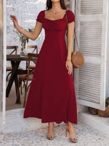 PoPoHouse Women's Solid-Color Bohemian Vacation-Style Dress With A Low-Cut Off-The-Shoulder Neckline And Back Tie Detailing.