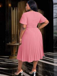 Vestido de línea A con cuello asimétrico, mangas con volantes y talla grande, adecuado para ir a trabajar, ceremonias de graduación, servicios religiosos, batas de graduación y otras ocasiones en verano - Rosa vieja - Ver 4
