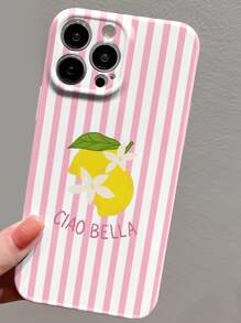 1 pièce Étui de téléphone rigide avec motif floral de citron à rayures minimaliste, perforé et brillant. Convient pour 11/12/13/14/15/16 Pro Max