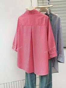 Women's Striped Lapel 3/4 Sleeve Shirt With Button Front & Mock Pocket - Casual Festival Date Night Top For Spring Fall
