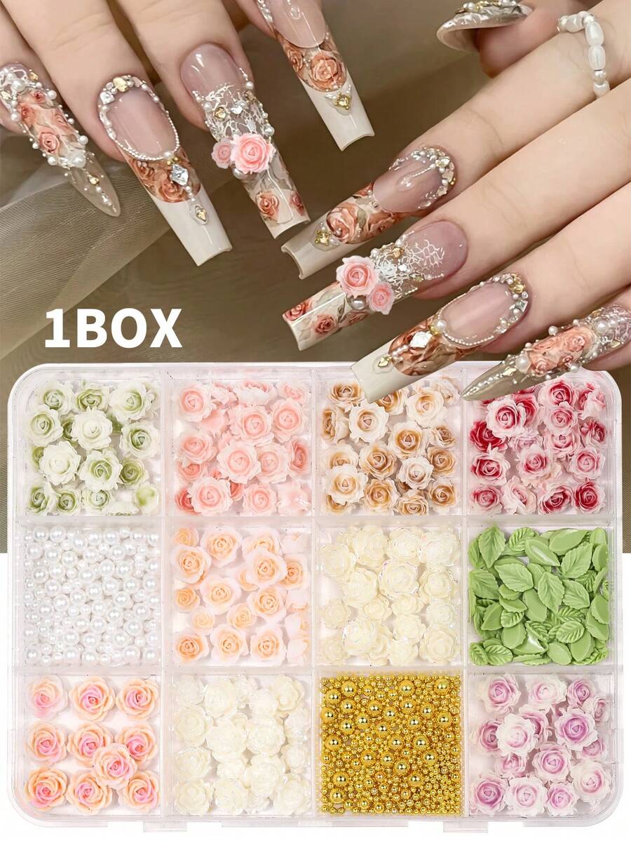 12格浮雕玫瑰花珍珠美甲饰品，混合树脂玫瑰、珍珠和绿叶，适用于女孩和女士美甲DIY工艺品配件，美甲饰品，美甲用品 - 彩色 - 查看 1