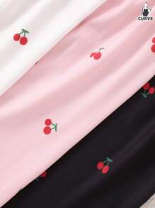 3pcs/Set Plus Size Women Cherry Print Knit Sleepwear Shorts Pajama Set