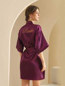 1pc Bride Bridesmaid Satin Embroidered Robe, Red Sleeping Gown Bathrobe For Wedding, Birthday, Bachelorette Party - Navy Blue - View 5