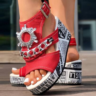 Local Shipping-Newspaper Buckle Denim Wedge Slippers - Without Anklet