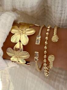 2pcs Retro Elegant Bohemian Floral Bow Adjustable Open Bangle Bracelet, Vintage Rustic Simple Personalized High-End Basic Stacking Jewelry For Women, Suitable For Daily Outfit, Gift For Friends, Family, Girlfriend, Valentine's Day, Mother's Day, All Season