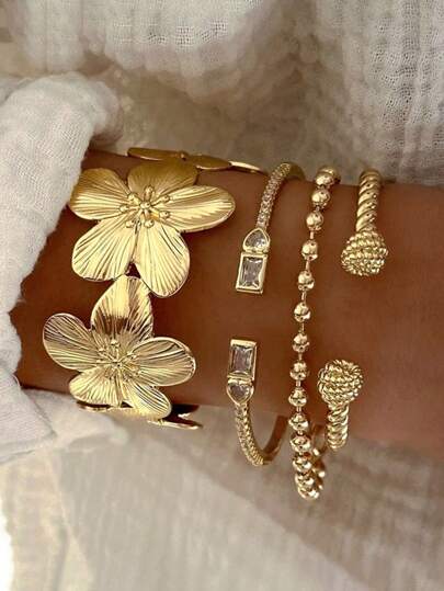 1pc Retro Elegant Vintage Floral Design Metal Bangle, Versatile Adjustable Open Cuff Bracelet Suitable For Women To Wear For Beach, Party, Music Festival, Date, Daily Match, Summer