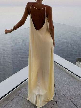 Unadoll 女式性感休闲胸部镂空细肩带露背奶油黄色连衣裙，适合居家海滩度假、约会音乐节返校服装