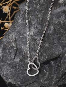 1 件 18K 镀金双心形不锈钢链项链，适合女性日常佩戴 - 銀色 - 查看 6