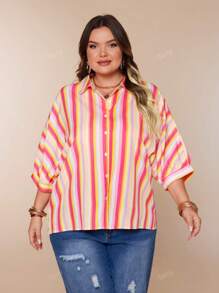 Casual Striped Shirt, Classic Single-Breasted, Drop Shoulder, Turn-Down Collar, Side Split Hem, Loose Fit, Summer Apparel, Plus Size Women