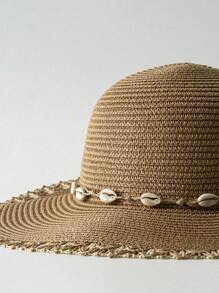 Tropiscape Pălărie de paie cu fundă Boho, decor de scoici artificiale, toamnă