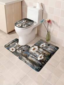 1 Stück/4 Stück Holzdekor Gänseblümchen Badezimmer Set - Wasserfester Duschvorhang mit 12 Haken, rutschfeste Badematte, U-förmige Toilettenmatte, vielseitiges Badezimmer Accessoire Set