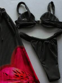 Bikinx 3 Stücke Set Damen Babypudergelb Hibiskus Bademode für Sommertage vom Poolbereich bis zum Strand, elegante Basisunterwäsche Bikini mit Blumen Dekor, Sarong Strandmode