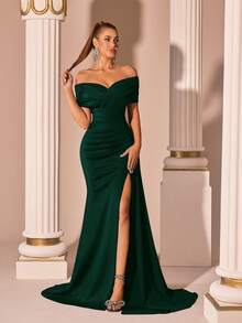 Elisanya 露肩V领高腰长款飘逸系带开衩露背连衣裙，适合舞会、派对、晚宴 - 墨綠色 - 查看 4