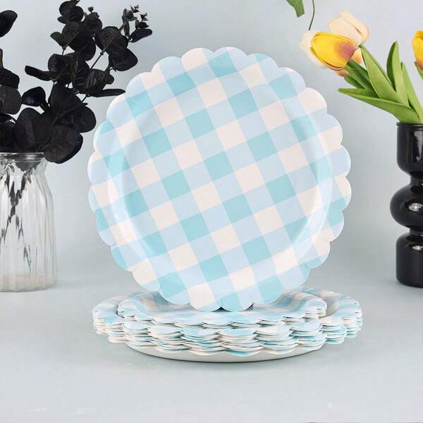 10/20/40/50 pezzi Piatti di carta a quadretti per feste,Set di stoviglie monouso per addio al nubilato,matrimonio, compleanno, picnic all'aperto (blu), Piatti di carta blu e bianchi