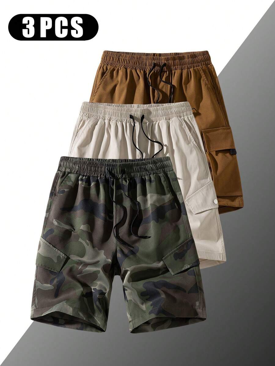 3Pcs/Pack Men's Utility Style Cargo Shorts, Breathable Casual Loose Fit Multi-Pocket Bermuda Shorts, Summer - Army Green - View 1