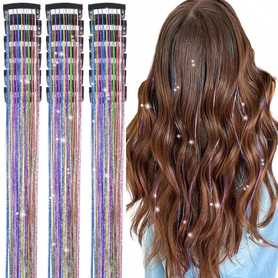 Aokomisu Hair Tinsel Clip In Pack Of 18 Pcs Clip In Hair Tinsel Glitter Tinsel Hair Extensions 20 Inch Fairy Hair Clips Sparkling Hair Accessories For Girls Kids Women (Colorful-18 Pcs) - Colorful-18 Pcs - View 1