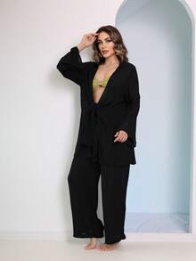 Women's Beachwear Set, Long Sleeve Coat And Simple Casual Pants - màu đen - Xem 3