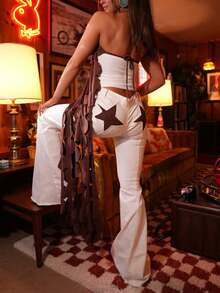 Women Back Stars High Waisted Flared Jeans Summer Y2k Star Pattern Raw Hem Slim Fit Bell Bottomed Denim Pants Vintage Jean Streetwear 4th Of July Outfits Independence Day Clothes - 白色 - 查看 2