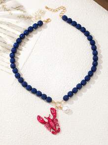 1 pièce Collier pendentif de perles de homard en alliage et perles en relief de thème côtier haut de gamme pour femmes, convient pour les vacances et le port casual