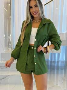 Conjunto Camisa Short  Simples    elegante  Casual    Linho    Bolso    Feminino  Inverno  Verão - Verde Militar - Visão 3