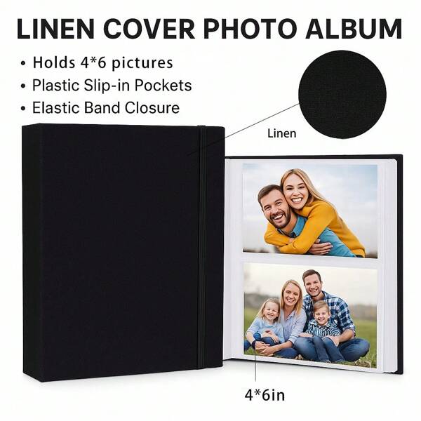 1 pieza Álbum de fotos de lino, con correa de ajuste, puede almacenar 200 fotos de 6 pulgadas, adecuado para bodas, viajes, parejas, almacenamiento de fotos familiares