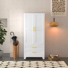 71 Inch High Metal Wardrobe With 2 Drawers And Hanging Bars, Bedroom Clothing Storage Cabinet, Suitable For Bedrooms, Laundry Rooms, Warehouses, Bedrooms - 白色 - 查看 8