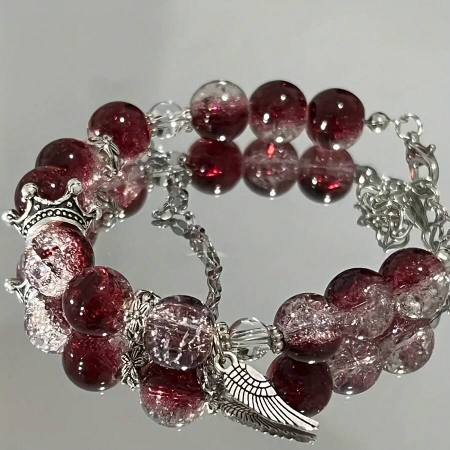 Vintage Y2K Style Cracked Glass Bead Lucky Wealth Bracelet, Butterfly Pendant - Perfect Gift For Women - 綠色 - 查看 1