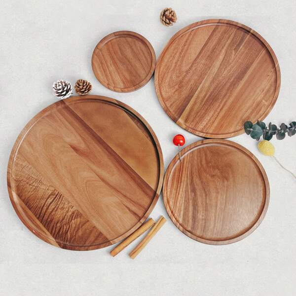 1pc Japanese Modern Simple Wooden Tray, Various Sizes Available, Solid Wood Round Household Tea Cup Dish Platter, Small Tea Table Snack Bread Fruit Plate Tray