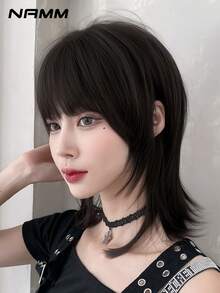 NAMM 16-Inch Premium Black Brown Wolf Cut Short Wig For Women With Bangs- Dark Roots Natural Looking Fluffy Very Soft Synthetic Heat Resistant Fiber Hair, Full Machine Beautiful Costume Wig For Girls Daily,Halloween Wig, Music Festival Party Street Wear, Cosplay Anime Or Costume Use(Natural Layered Texture & Lightweight) - Black Brown - View 5
