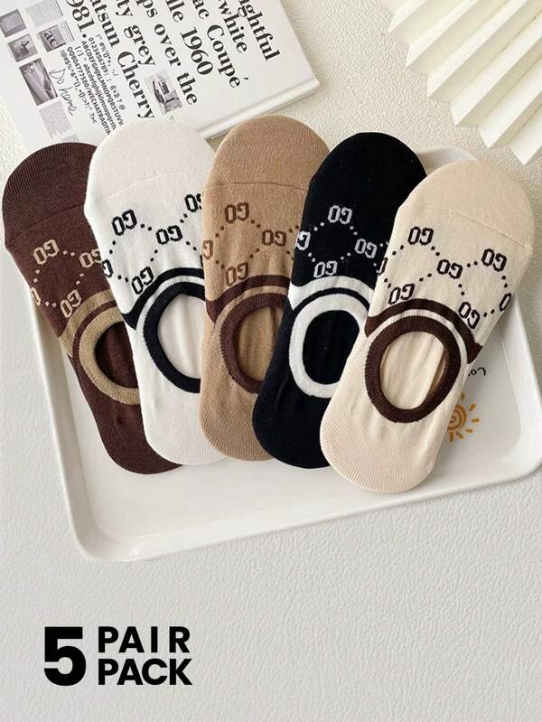 5 Pairs Women's Stripe & Letter Printed French Style Luxury Casual Boat Socks