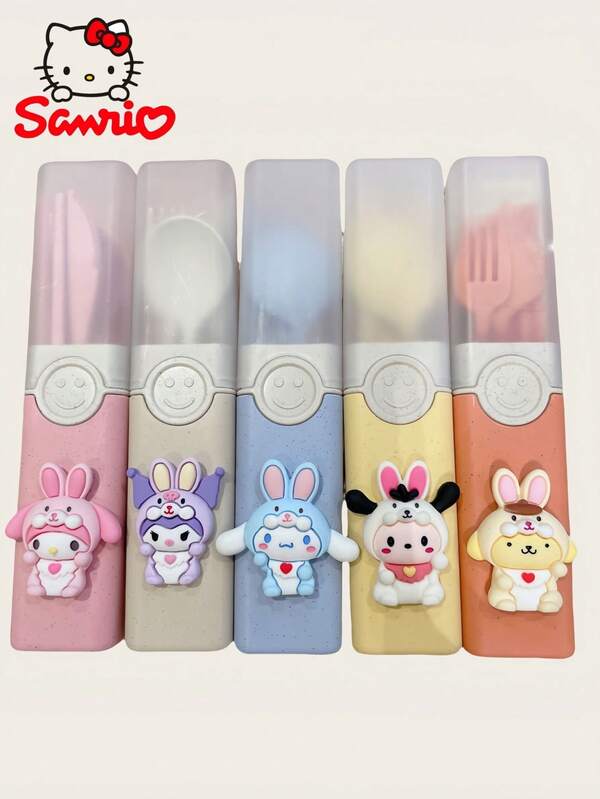 Sanrio 3 قطع طقم أدوات مائدة كرتونية محمولة - عيدان، ملعقة، شوكة في حقيبة حمل، تصميم كورومي وماي ميلودي للاستخدام المنزلي والسفر