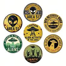 7pcs Vintage Alien Metal Tin Signs - UFO-Themed Decor With Inspirational Quotes, UFO AREA Retro Tin Plates, Decorative Signs &Plaques Perfect For Man Cave Home, Bedroom, Dorm, Garage, Bar, Pub, Cafe, And Yard Decor, Outdoor Decor, Water-Proof