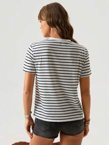 SHEIN LUNE Women's Round Neck Black-And-White Striped Casual Basic T-Shirt For Summer