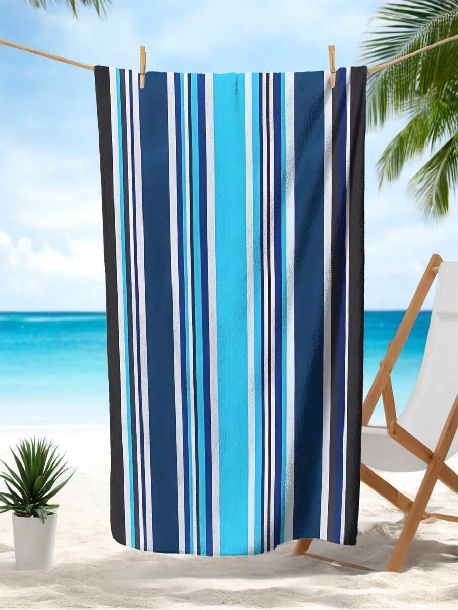 速干浅蓝色条纹沙滩巾 - 紧凑型涤纶混纺，非常适合泳池、露营和海滩郊游 - 大尺寸，易于携带，理想的旅行配件和礼物，游泳毛巾海滩必需品