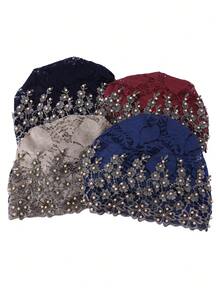 1 pieza Gorro casual con bordado de flor de ciruelo y decoración de cuentas, gorro para dormir - Sombrero con cuentas de flor de ciruelo - Ver 9