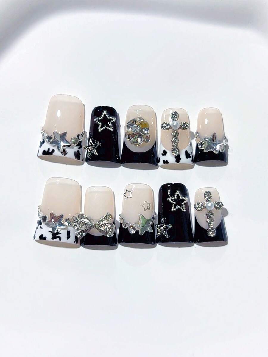 10pcs Y2K Duckbill Black & White French Handmade Press On Nails, With Cross, Star, Silver Diamond Bow Decoration, Black & White Pattern; Nail Supplies, Homemade Nails, DIY Nail Art Acrylic False Nails; Suitable For Holiday, Parties, Daily Wear; Includes 1Sheet Jelly Glue & 1pc Mini File - Black and White - View 1