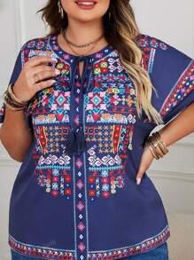 Plus Size Women Navy Blue Woven Graphic Print Batwing Sleeve V-Neck Drawstring Tassel Loose Pullover Top