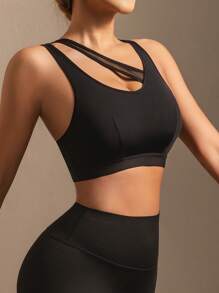 1pc Women's Plain Color Wireless Sports Bra With Cutout Back