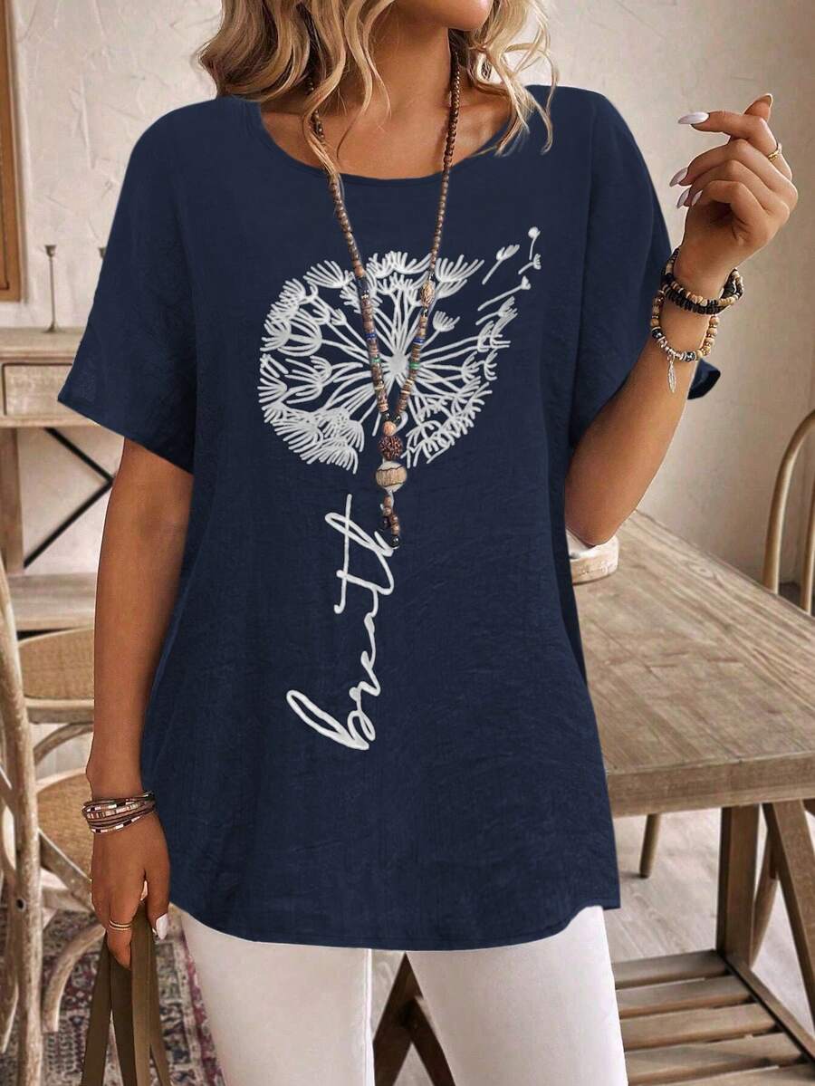 休闲度假风梭织纹理圆领蒲公英印花宽松短袖女式衬衫，春夏款