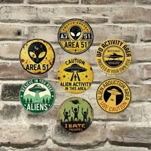 7pcs Vintage Alien Metal Tin Signs - UFO-Themed Decor With Inspirational Quotes, UFO AREA Retro Tin Plates, Decorative Signs &Plaques Perfect For Man Cave Home, Bedroom, Dorm, Garage, Bar, Pub, Cafe, And Yard Decor, Outdoor Decor, Water-Proof