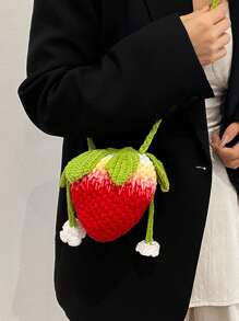 Handmade Crochet Strawberry Handbag, Small Unique Design Hollow Knitting Cross-Body Yarn Bag, Cute And Sweet Key Coin Purse