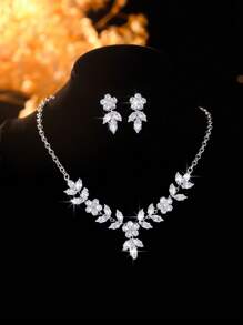 Set de 3 piezas de collar y aretes con diseño floral de circonita cúbica, versátil para uso diario, campus, citas, bodas, fiesta de San Valentín y regalos festivos para mujeres
